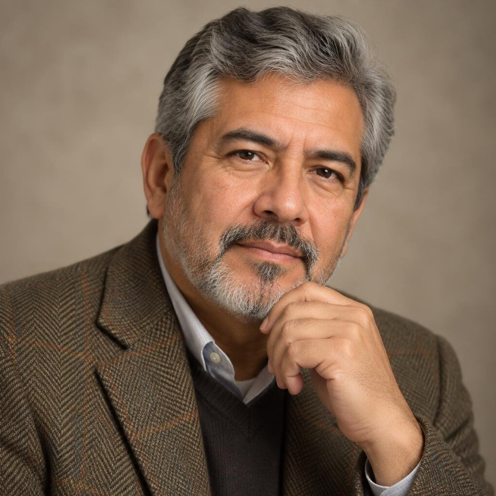 Portrait of a Latin American man in his fifties with grey hair