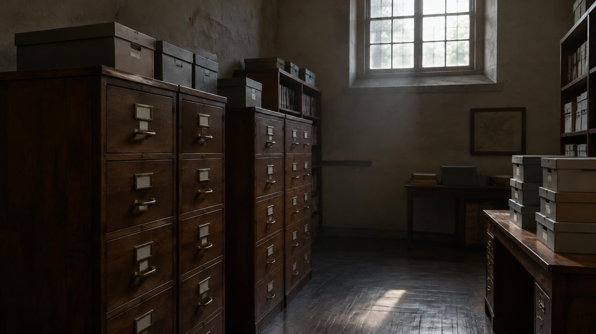 Wooden filing cabinets and archive boxes in a records room