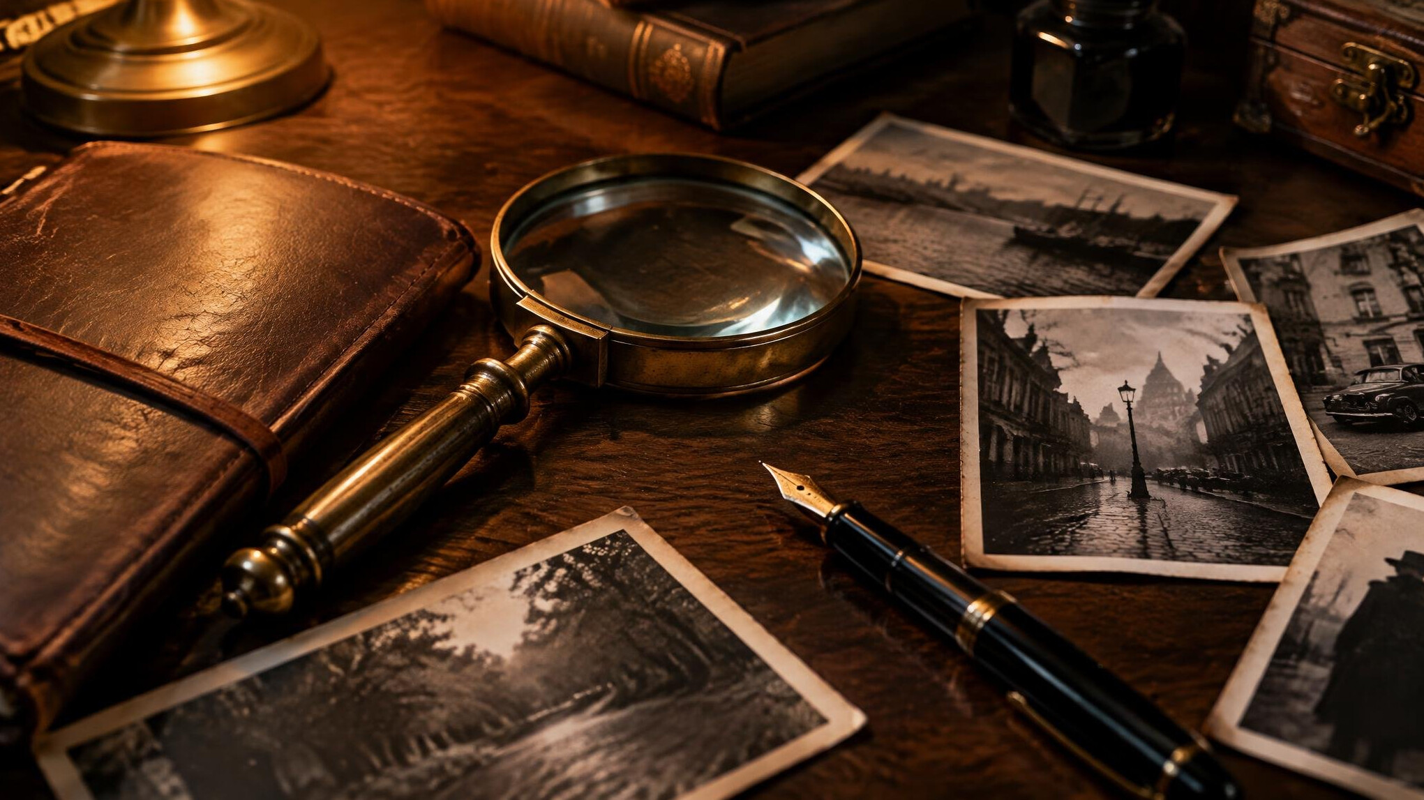 Detective notebook, magnifying glass and old photographs on a wooden desk