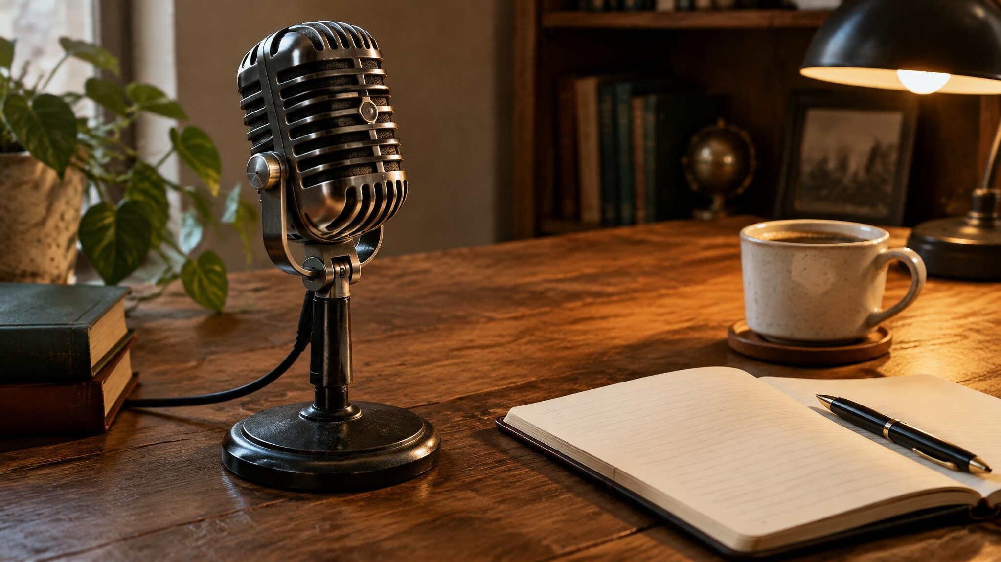 Vintage microphone on a desk in a quiet study