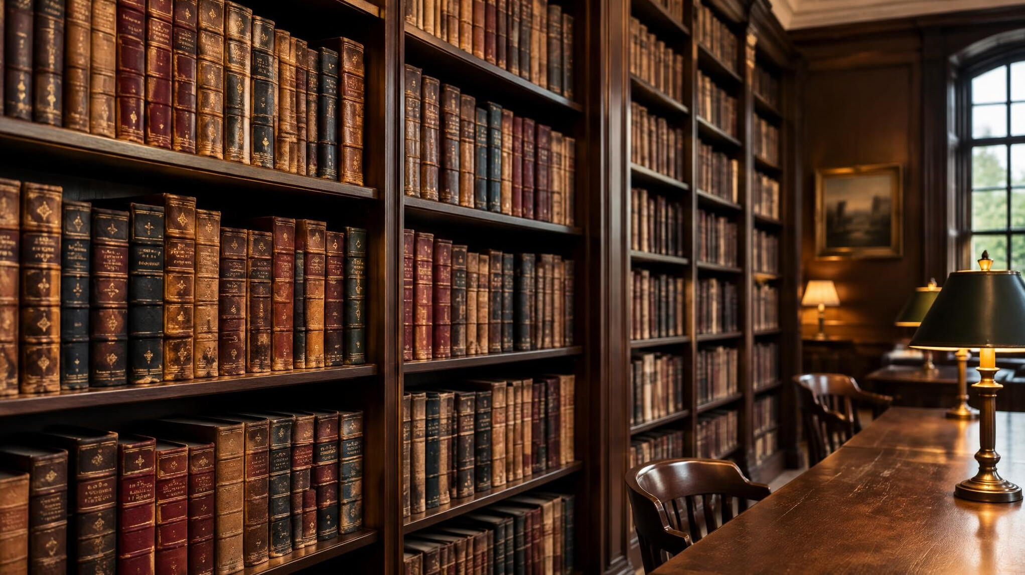 Rows of old leather-bound books on wooden shelves
