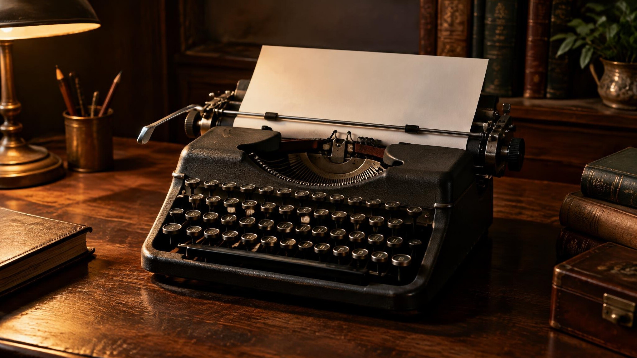 Vintage typewriter with a sheet of paper on a wooden desk