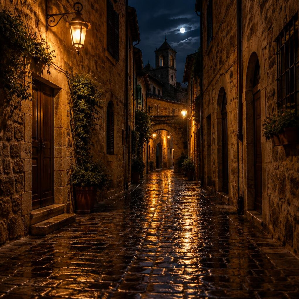 Empty old town alley with warm lantern light at night