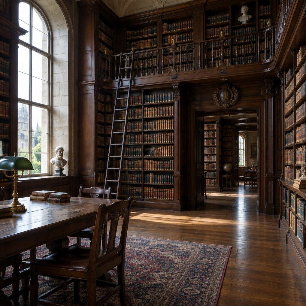 Interior of a grand old library with tall wooden bookshelves