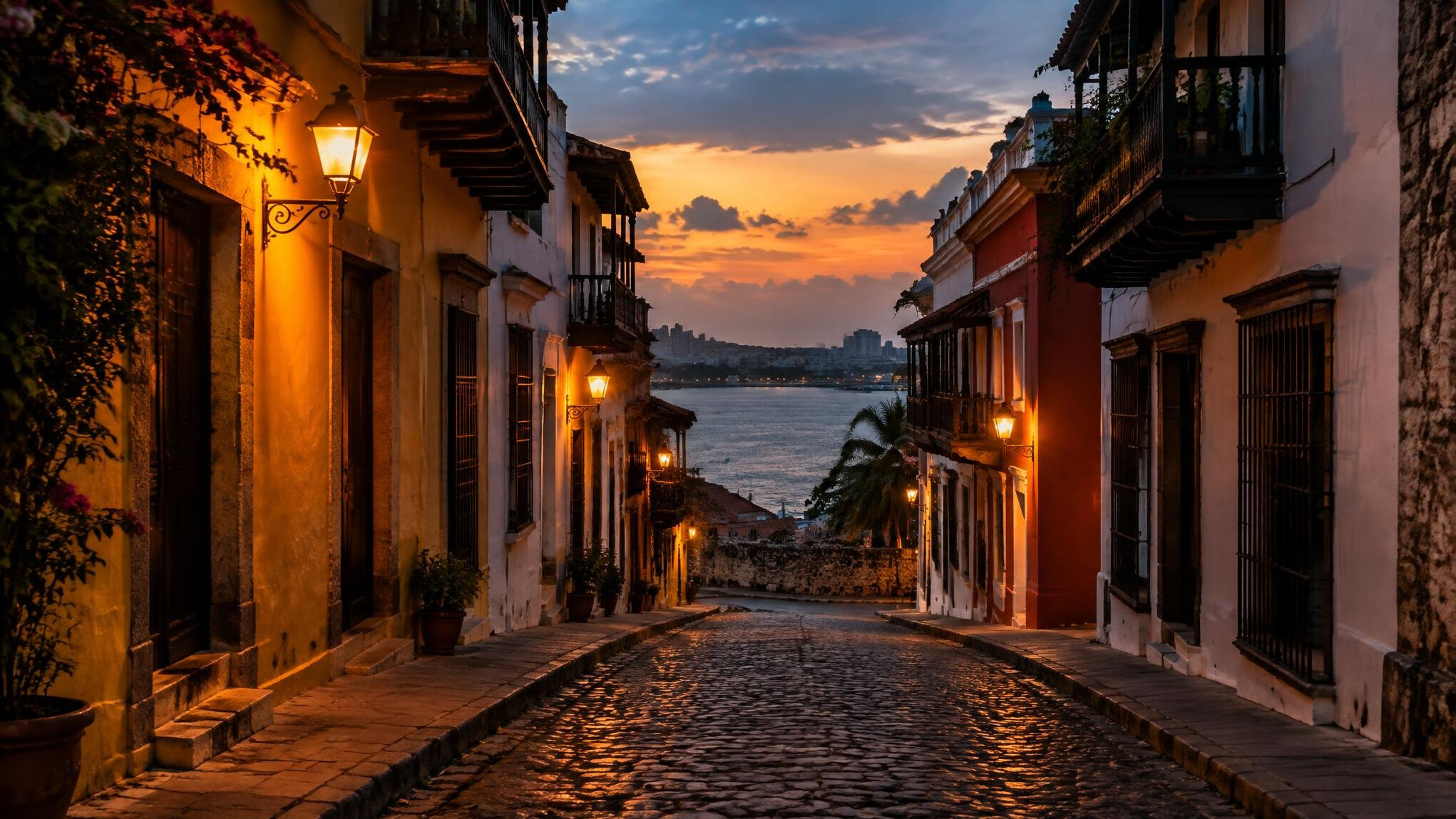 Narrow cobblestone street in an old South American city at dusk