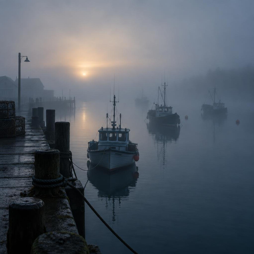 Foggy harbor pier at dawn with silhouettes of fishing boats
